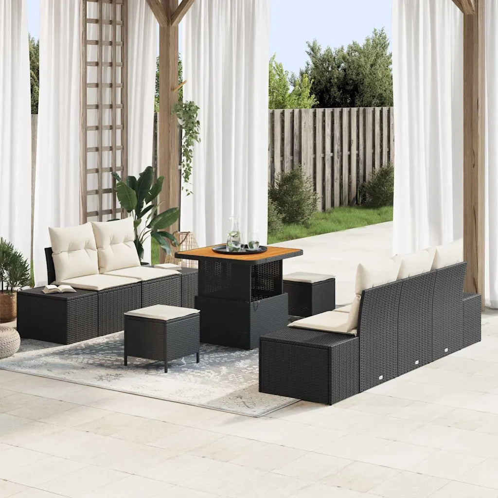 Set Divano da Giardino con cuscino 8 pcs Nero Poly Rattan