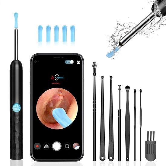 Kit per rimozione cerume - Specchio con illuminazione LED - Per la pulizia sicura delle orecchie a casa - Strumento per la rimozione del cerume - Adatto per adulti e bambini - Acciaio medico