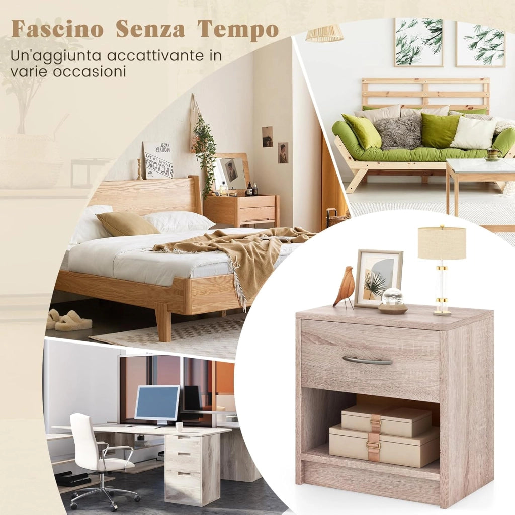 COSTWAY Comodino 38,5 x 28 x 40,5cm in Legno, Tavolino Salvaspazio con Scomparto Aperto e Casseto per Soggiorno e Camera da Letto (Naturale)