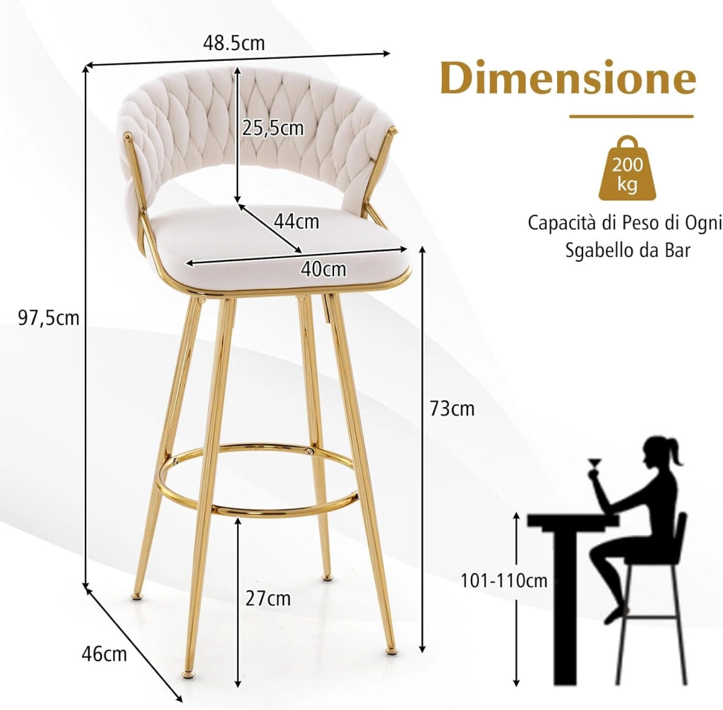 Set di 2 Sgabelli Bar in Velluto, Sgabello Bar di 73 cm con Schienale Intrecciato e Gambe in Metallo, con Schienale e Piedini Regolabili, per Cucina, Sala da Pranzo, Portata 200 kg(Bianco)