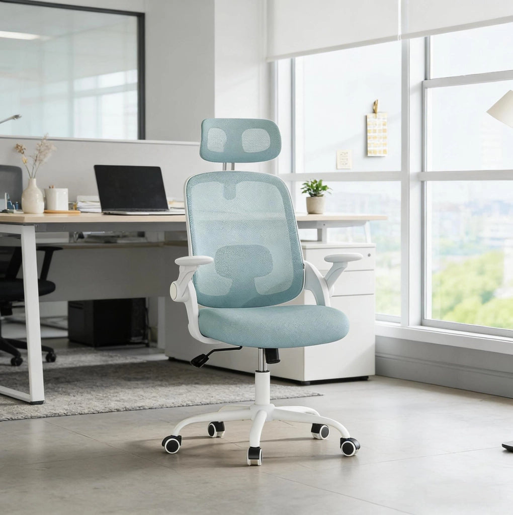 Sedia da ufficio ergonomica blu con schienale alto, altezza seduta regolabile 45,5-53,5 cm