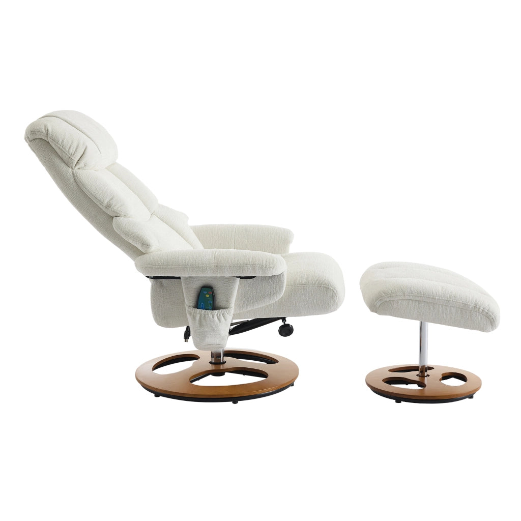 Poltrona Relax con Massaggio e Riscaldamento - Zephmum - 360¡ã Girevole, Funzione di Sdraiato e Pouf, Tessuto Chenille Bianco
