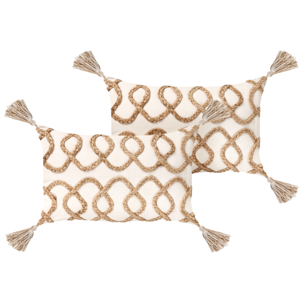 Set di 2 cuscini in cotone beige 30 x 50 cm motivo geometrico con nappe