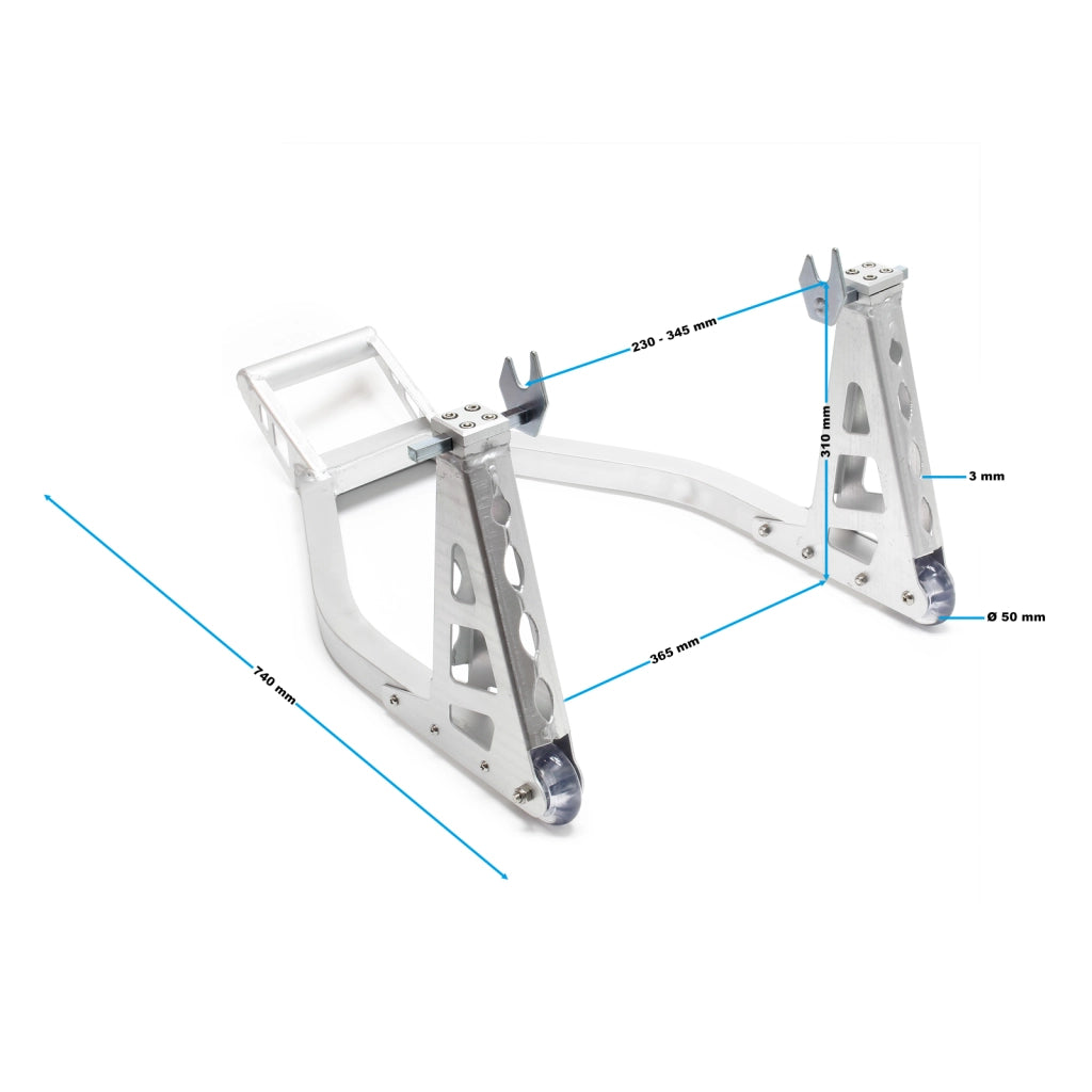 Cavalletto alzamoto posteriore sotto forcella, max 317 kg, con rotelle, per ruote posteriori