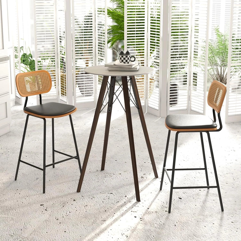 Set di 2 Sgabelli da Bar in Rattan, Sgabelli da Bar con Gambe in Metallo e Schienale in Rattan, Set di 2 Sedie da Bar con Cuscinetti Regolabili, per Cucina, Soggiorno, Bar