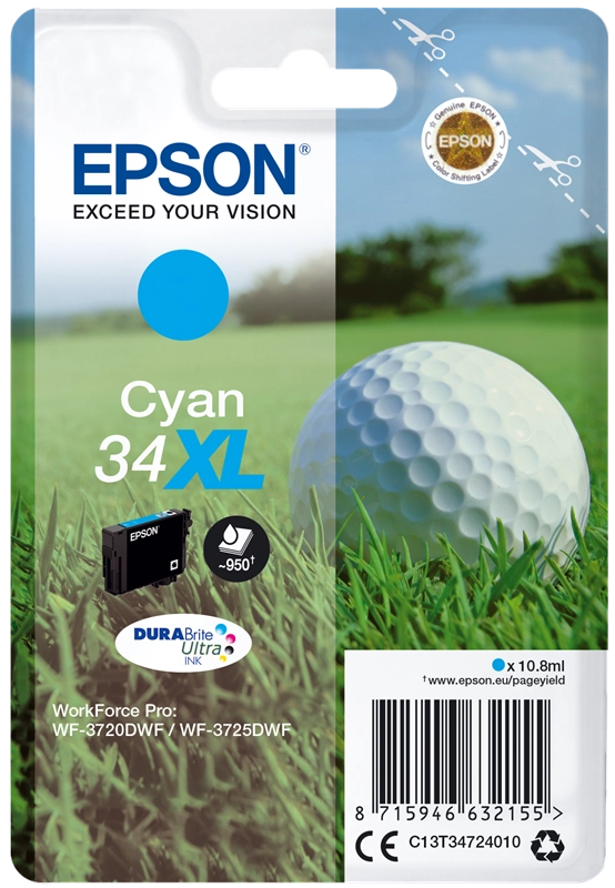 Epson Golf ball Singlepack Cyan 34XL DURABrite Ultra Ink