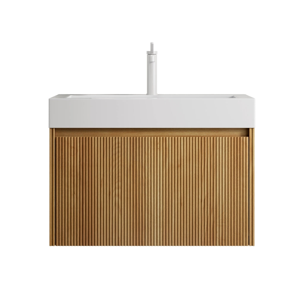 Mobile bagno sospeso con lavabo integrato e 1 cassetto con illuminazione LED per bagno; 70×46×50 cm; bianco e rovere