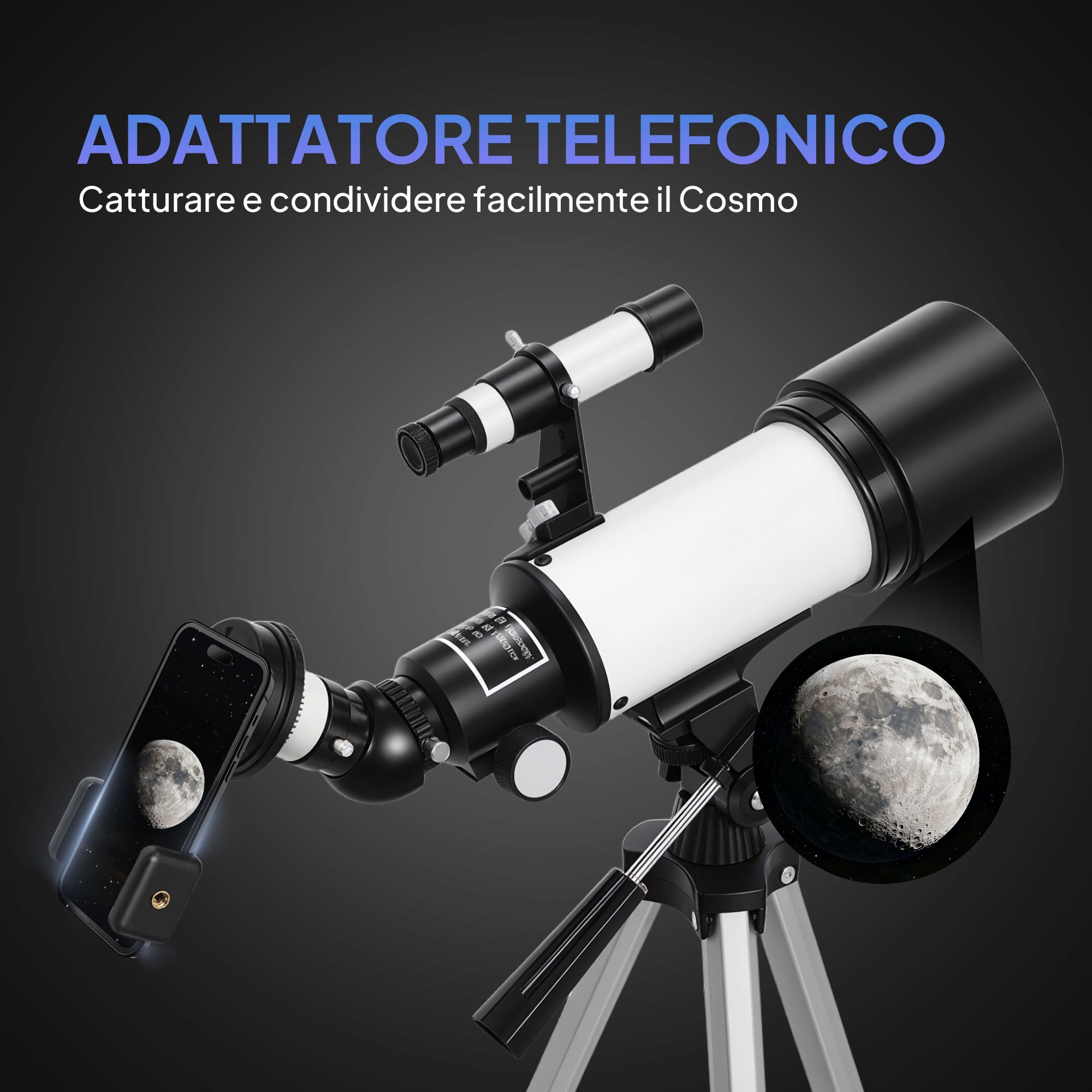 Telescopio Astronomico 70mm con 2 Lenti Oculari e Adattatore Smartphone Bianco e Nero