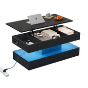 Tavolino da caffè con piano alzabile; vano contenitore e LED - per soggiorno - in pannello truciolare - 100×50×42 cm - nero
