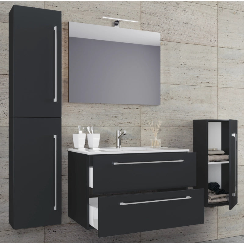 Completo Set bagno 5 pz Mobile sosp 2 casetti con Lavabo XL in ceramica incl 1 Colonna 1 mobile sosp e specchio, Nero