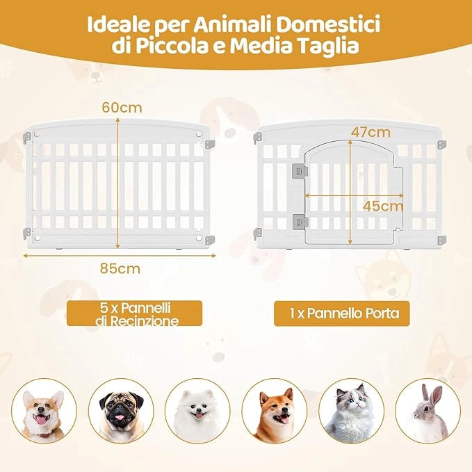 Recinto per Cani da Interno ed Esterno, Recinzione per Animali Domesti Pieghevole a 6 Pannelli 60 cm per Cani Medi e Piccoli con Porta di Bloccaggio Sicura, 172 x 87 x 60 cm
