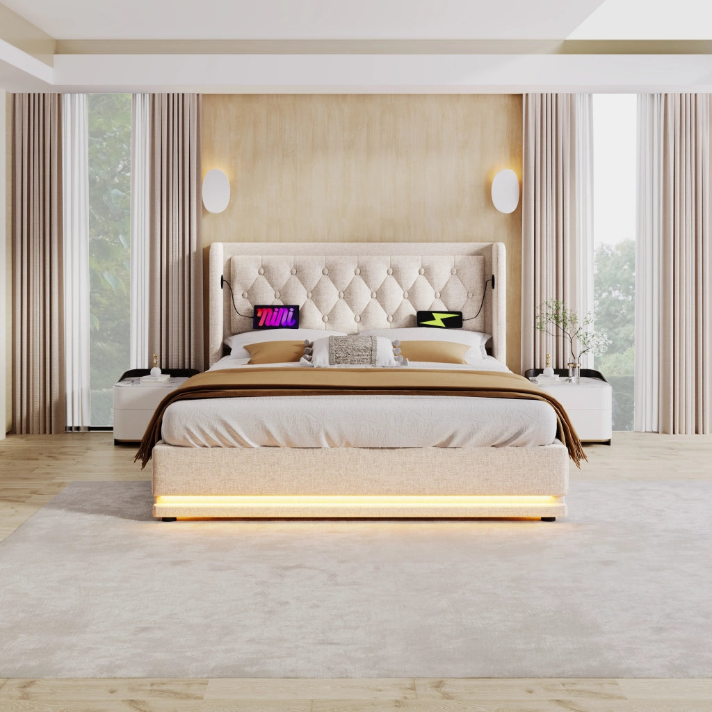 LETTO Contenitore 140x200 cm Beige in cotone con materasso incluso, USB-C e LED