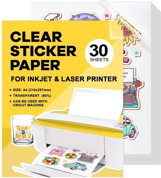 Papier per Stampa Inkjet Transparante - 30 Fogli A4 - Secchezza Rapida - Carta Autoadesiva - Alta Definizione Cromatiche - Adatto per Stampanti - Carta Adesiva per Etichette