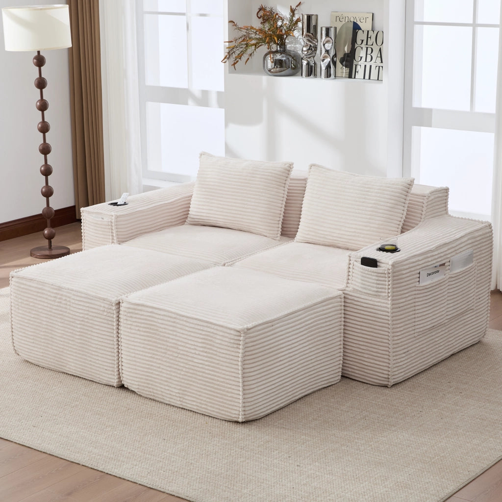 Divano modulare 2 posti in tessuto a coste con portabicchieri e tasche laterali beige 188 × 162 × 75 cm