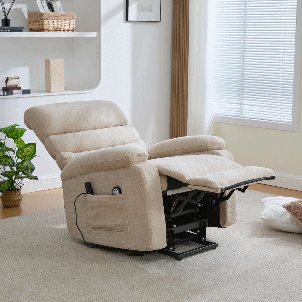 Poltrona Relax Elettrica Massaggiante con Alzapersona ¨C MINIMAL ¨C Reclinabile, Poggiapiedi, Tessuto Kaki Chiaro
