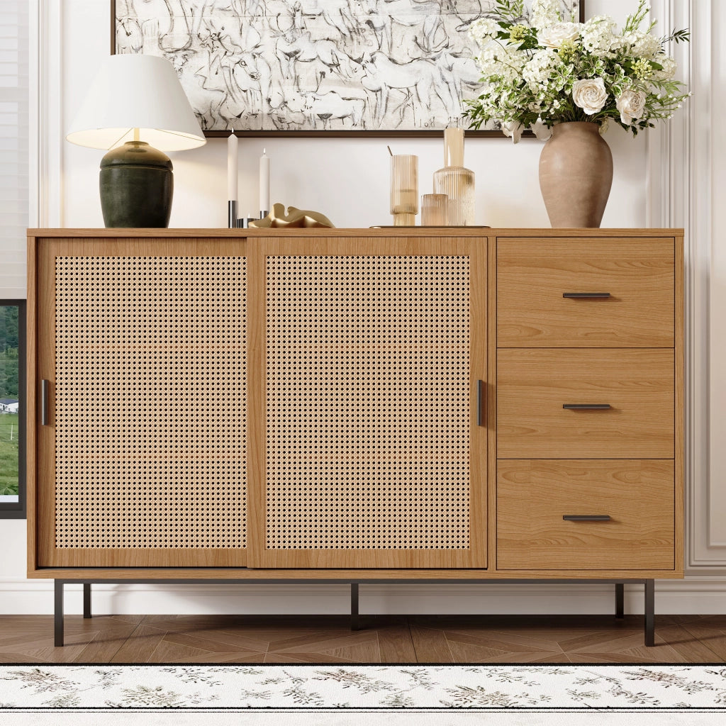 OKWISH Credenza con 2 Ante Scorrevoli in Rattan e 3 Cassetti, per Soggiorno o Sala da Pranzo, Truciolare, 140 x 37 x 91 cm