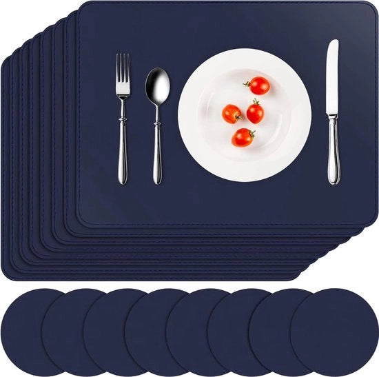 Set di assorbitori per tavola, 8 pezzi, finitura in pelle, lavabile, resistente al calore, set di assorbitori per tavola e piedini, set da 8 impermeabili (blu scuro, set da 8)
