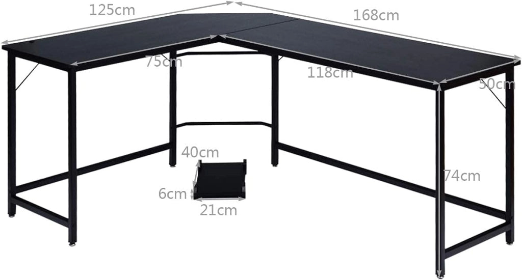 Scrivania da Lavoro a Forma di L, 168x125x74cm,Tavolo per Computer, Piedi Regolabili, Gambe in Metallo, per Studio, Ufficio e Camera da Letto, Portata di 100kg, Nero