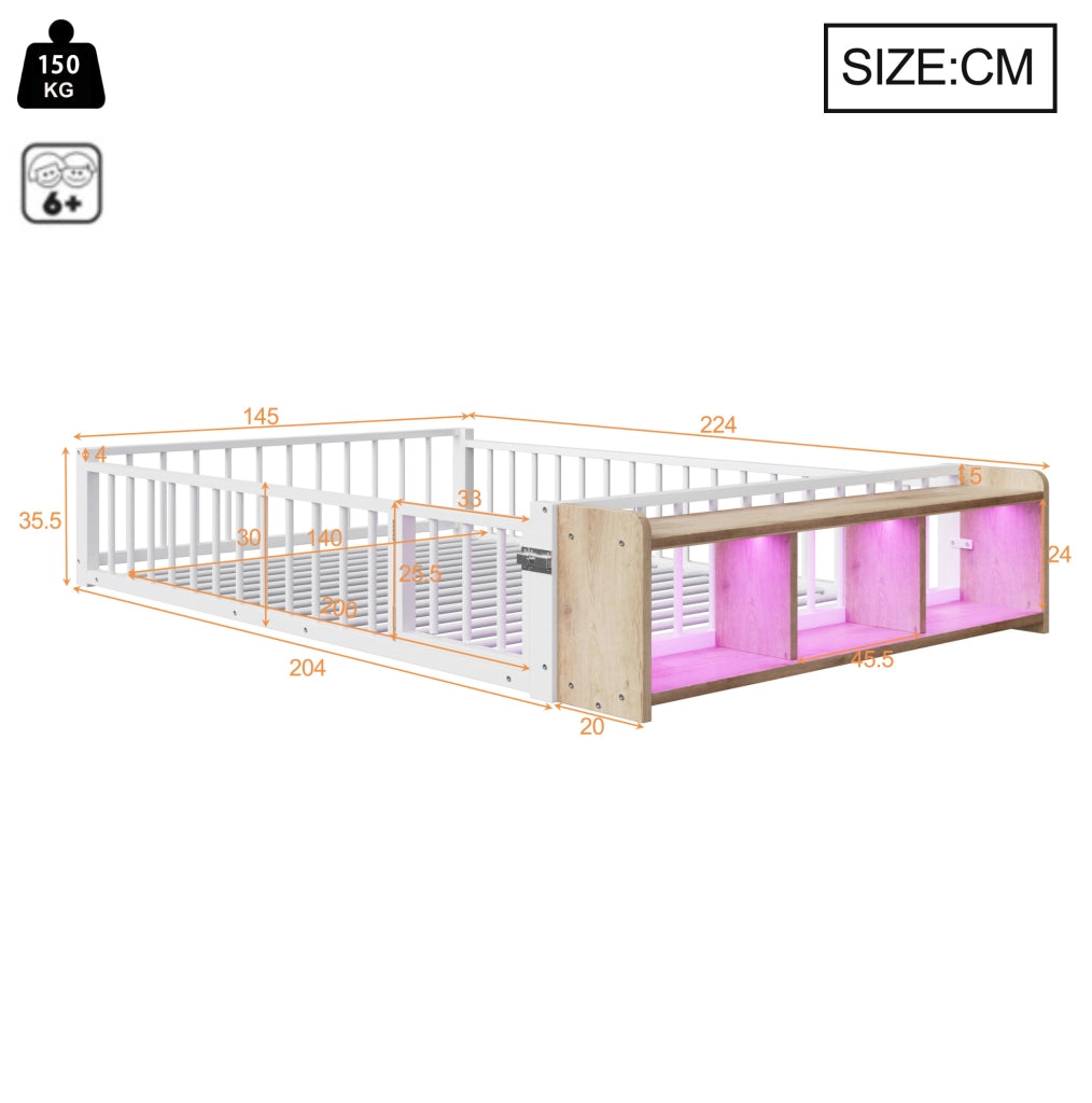 Letto basso per bambini 140x200 cm con barriera; vano aperto e LED; metallo e MDF; bianco
