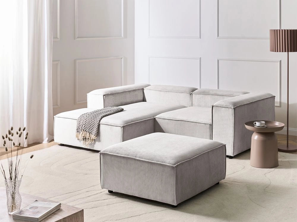 Divano angolare modulare velluto a coste bianco sporco 3 posti lato destro con pouf Soggiorno moderno
