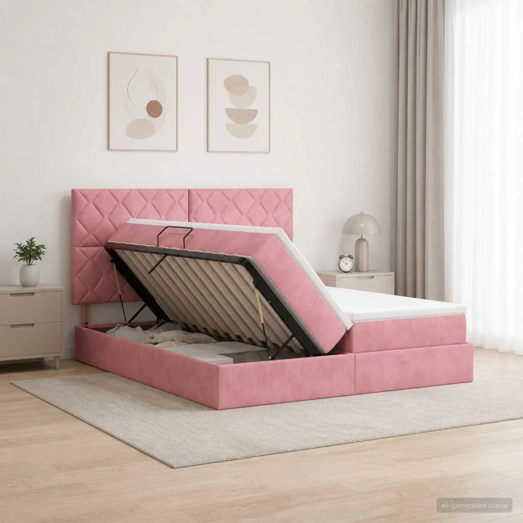 Letto con contenitore LED e materasso Rosa 200 x 200 cm Velluto 3460289