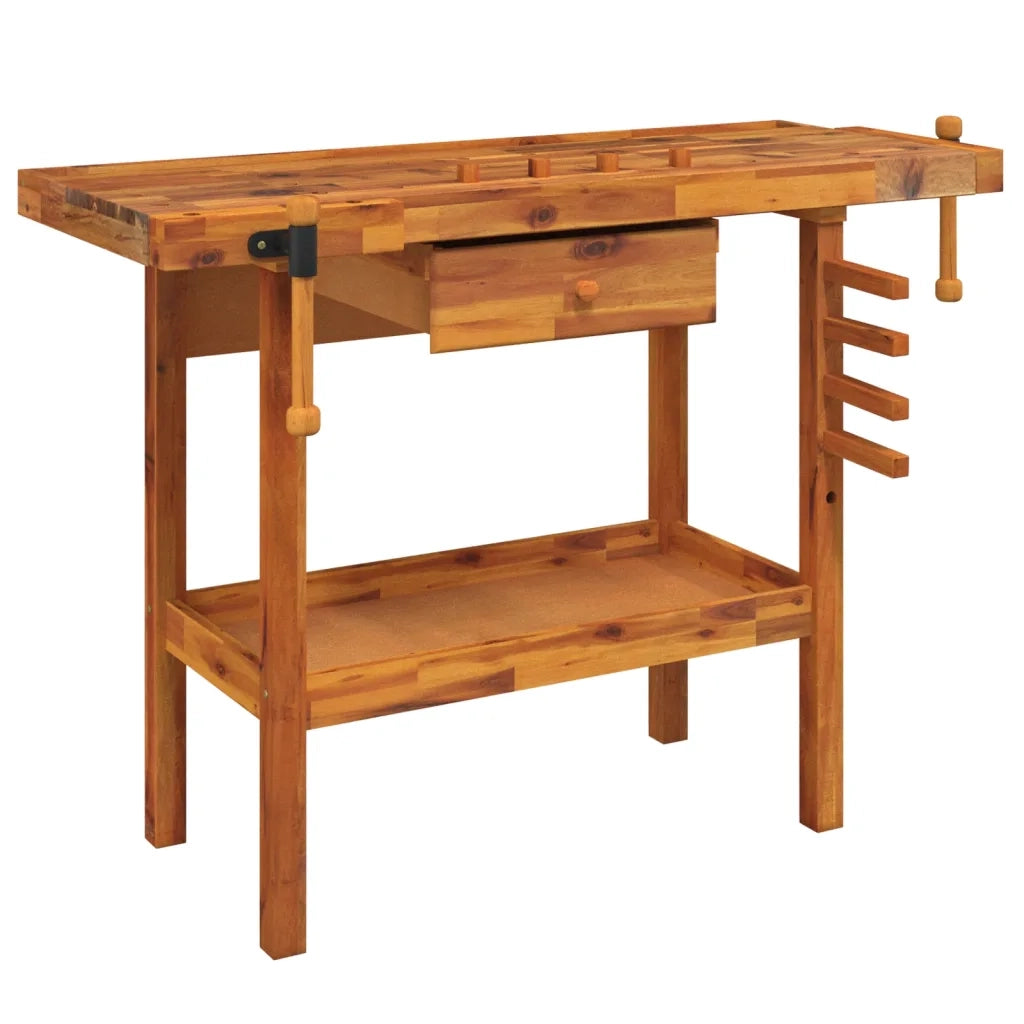 Banco da lavoro con cassetto e morse 124x52x83 cm in legno massello di acacia 153320