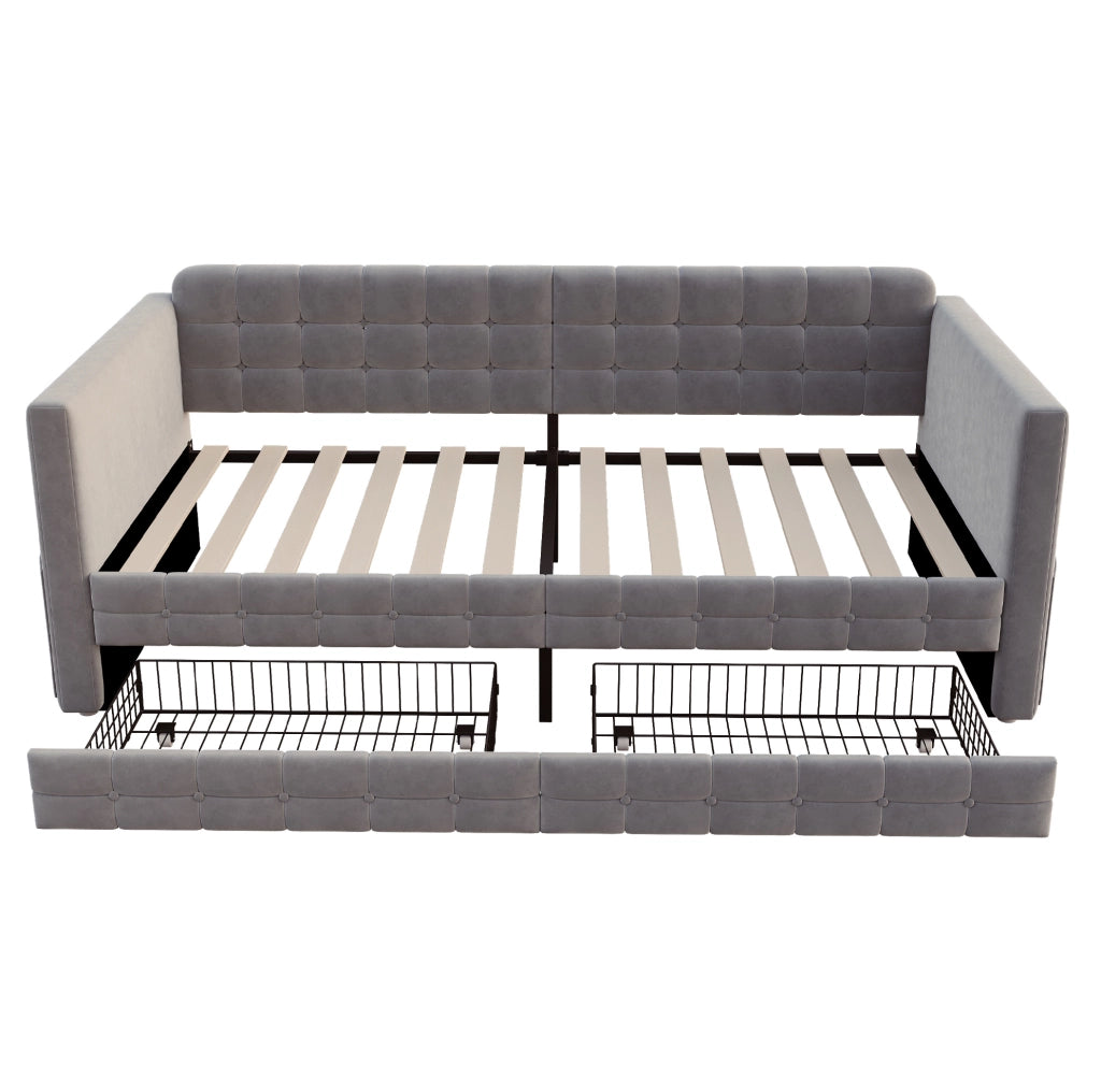 Letto imbottito 90x190 cm con testiera trapuntata, tasche laterali e 2 cassetti