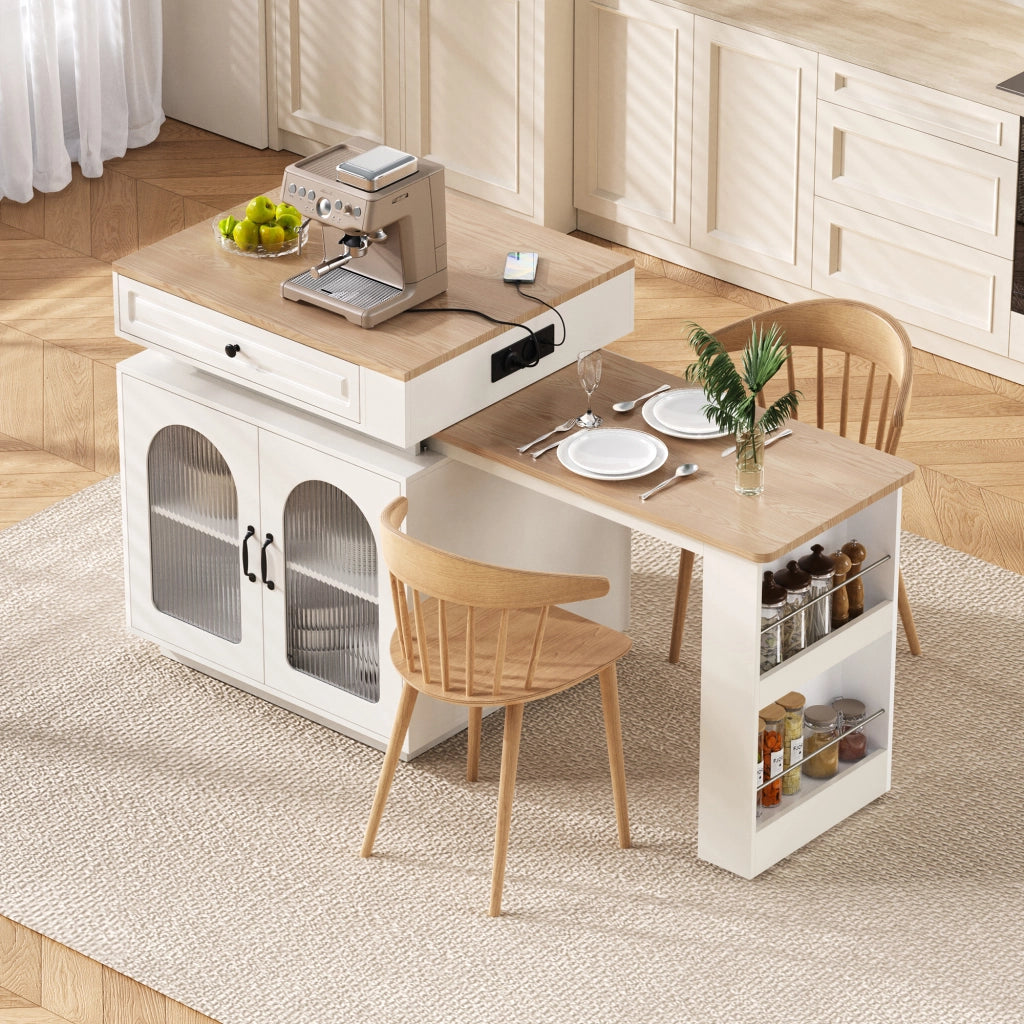 Tavolo allungabile con cassetto, vani aperti e led, per cucina e sala da pranzo, in MDF e vetro, bianco
