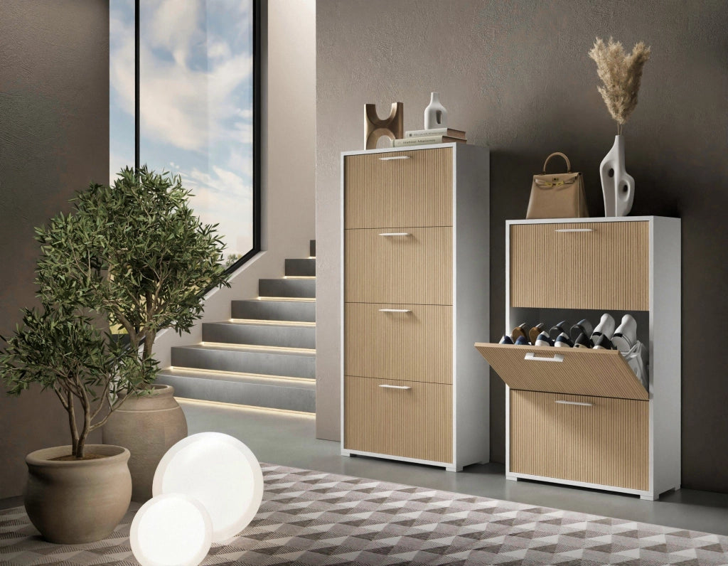 Scarpiera Dodecatheon, Mobile Portascarpe Bianco Cannettato 28.00x67.00x112.00h cm