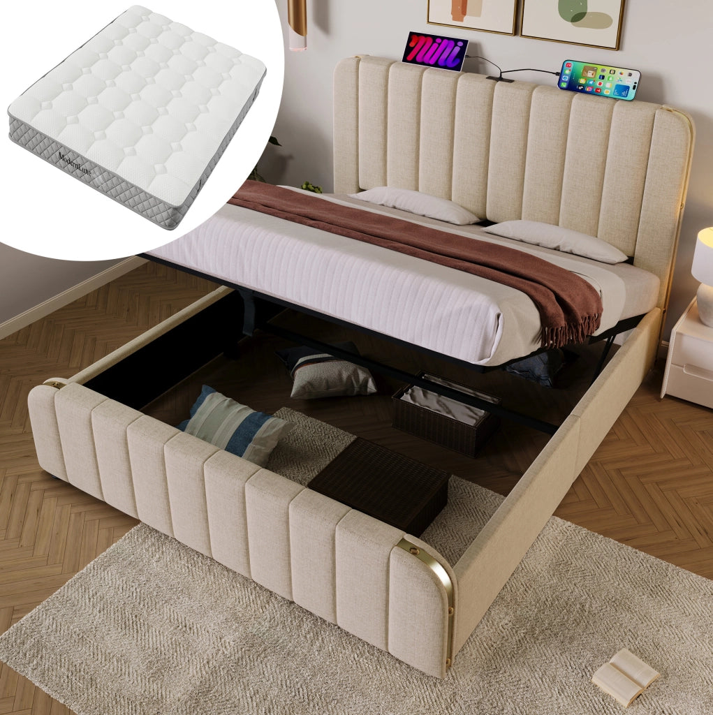 Letto matrimoniale imbottito 140x200 cm in lino beige con USB Type-C; contenitore e materasso H3