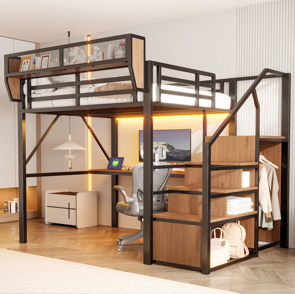 Letto a soppalco 140x200 cm con scrivania, LED e scaffale