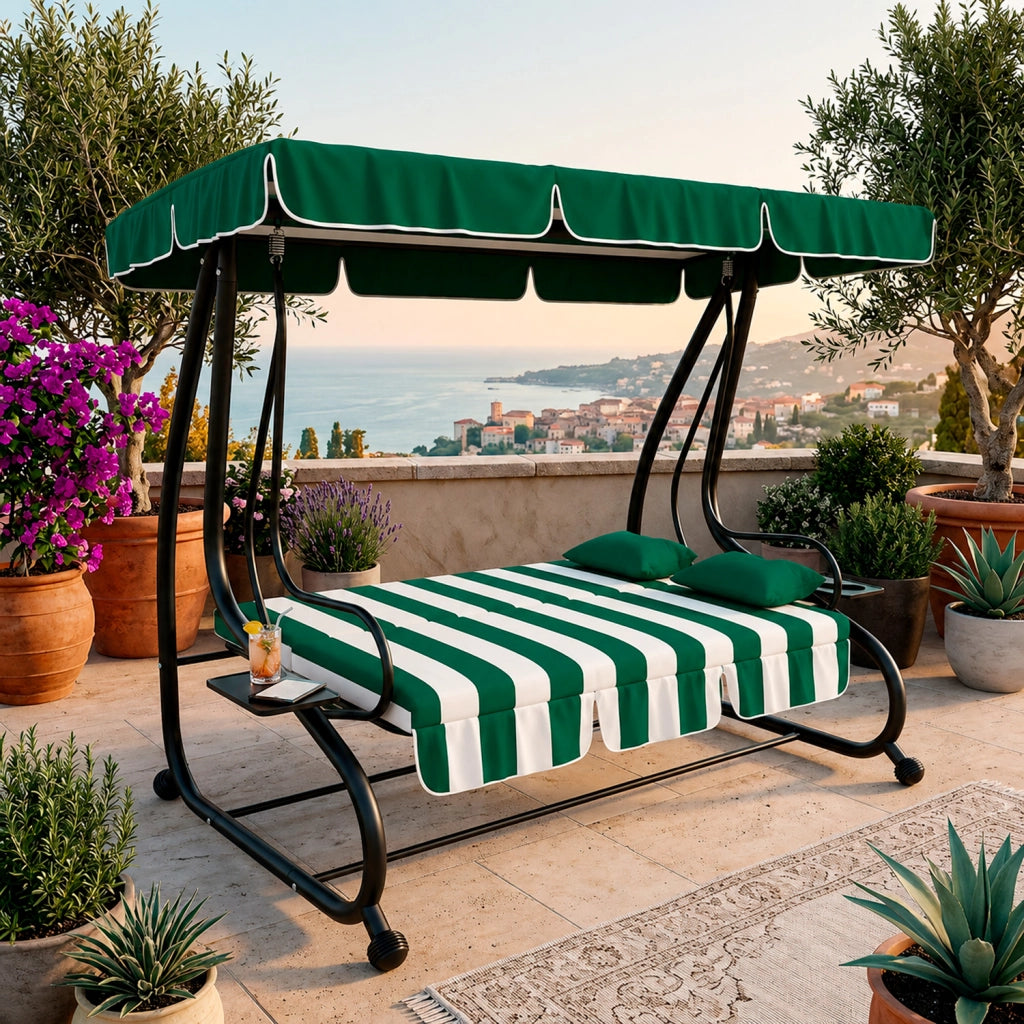 Dondolo 3 Posti Reclinabile Madeira Tettuccio Parasole Regolabile Cuscini Imbottiti Diventa Letto Struttura Robusta In Acciaio Verniciato Giardino Esterno Balcone Terrazzo 200 x 120 x 160 cm Verde E Bianco