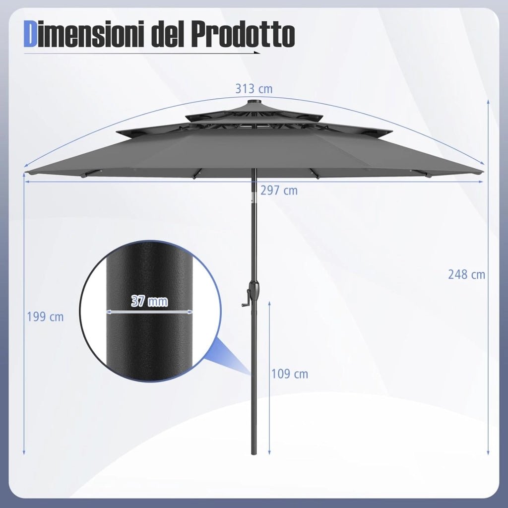 Ombrellone da Patio 297 cm con 32 Luci LED, Tetto Ventilato a 3 Piani, Inclinazioni Regolabili, Manovella, 8 Stecche, Ombrellone da Giardino, Piscina, Spiaggia (Grigio)