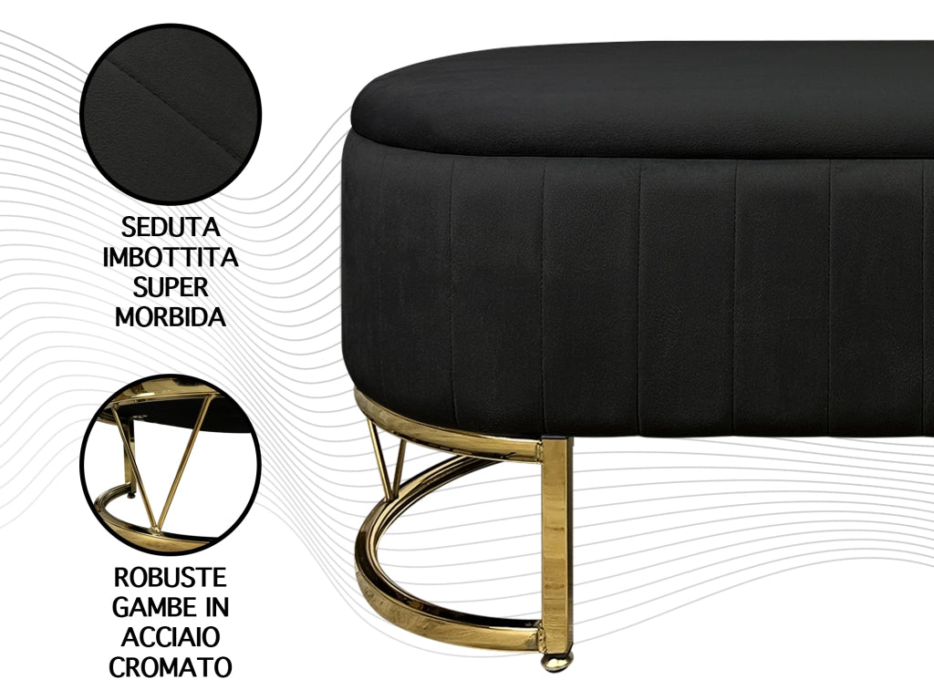 Panca Imbottita Divanetto In Velluto Contenitore Pouf PortaOggetti Panca Sgabello A Pie Di Letto Con Gambe In Metallo Dorato Cassapanca Ingresso Legno Massello Panchina  - Nero