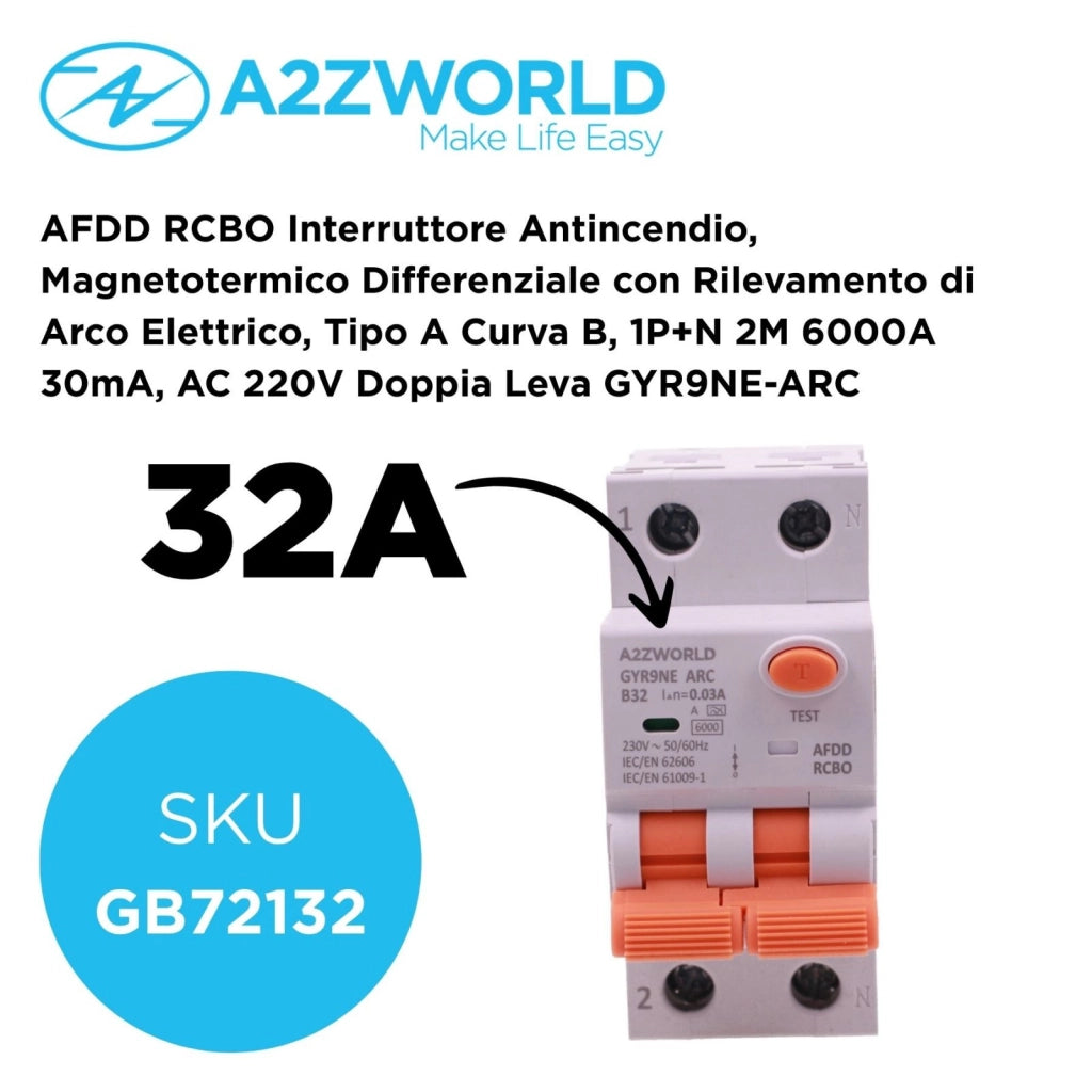 A2ZWORLD AFDD RCBO Interruttore Antincendio, Magnetotermico Differenziale con Rilevamento di Arco Elettrico, Tipo A Curva B, 1P+N 2M 6000A 30mA, AC 220V Doppia Leva GYR9NE-ARC (B32A)