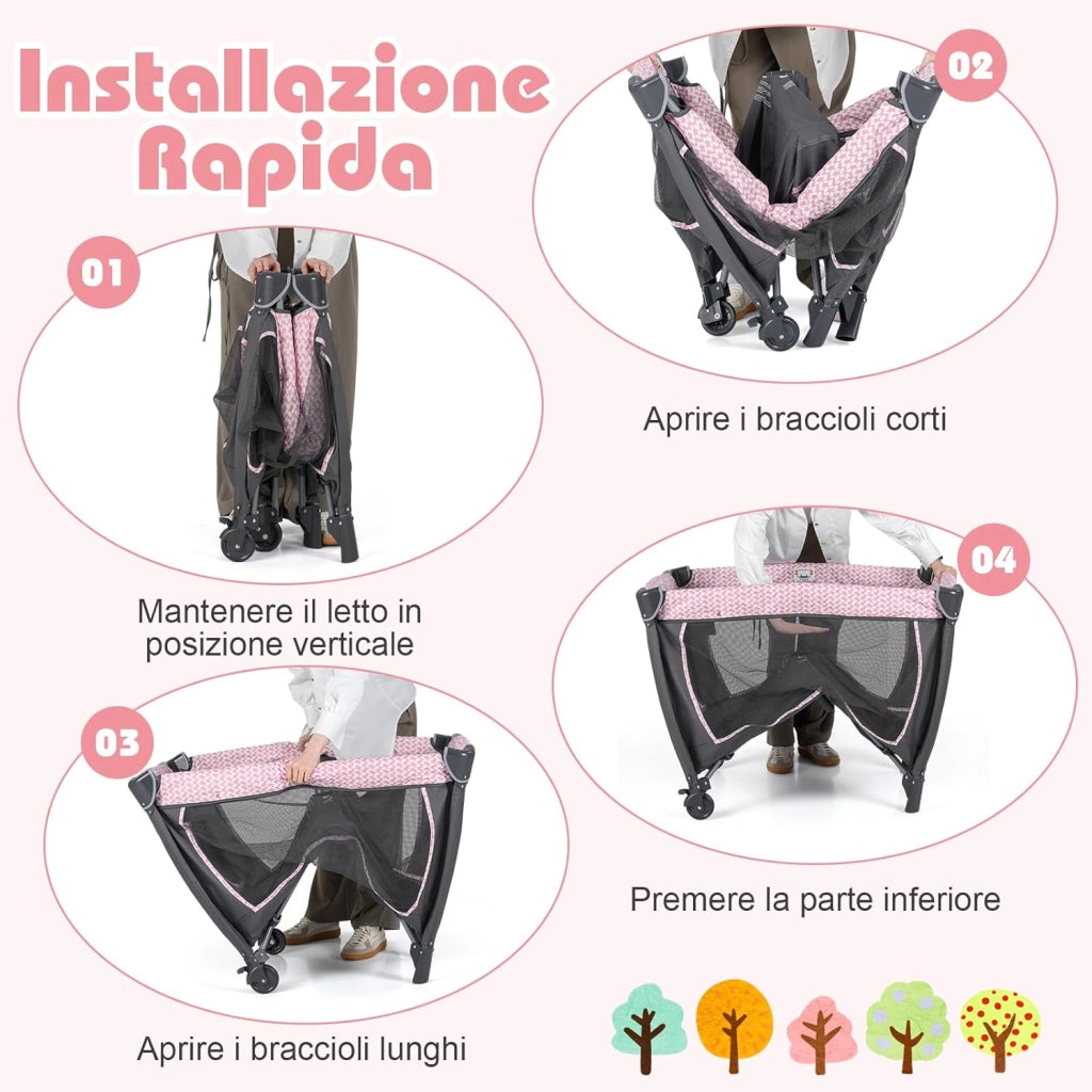 Culla Campeggio Bambini 5 in 1, Lettino Viaggio Neonati Pieghevole con Materasso, Fasciatoio e Tettoia, Box Portatile con Ruote, 2 Giocattoli Appesi e Carillon, per Bambini 0-3 Anni (Rosa)