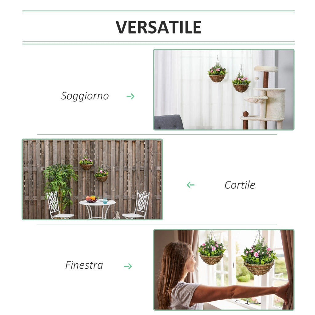 EasyComfort Set 2 Piante Finte di Lisianthus con Vaso e Gancio, Piante Artificiali in PE e Vimini, Ø25x34 cm, Verde e Rosa
