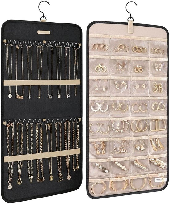 Organizzatore a Rullo per Gioielli da Appendere con Ganci in Metallo - Deposito a Doppia Faccia per Orecchini, Collane, Anelli su Porta o Parete - Nero Grande (1 Pezzo)