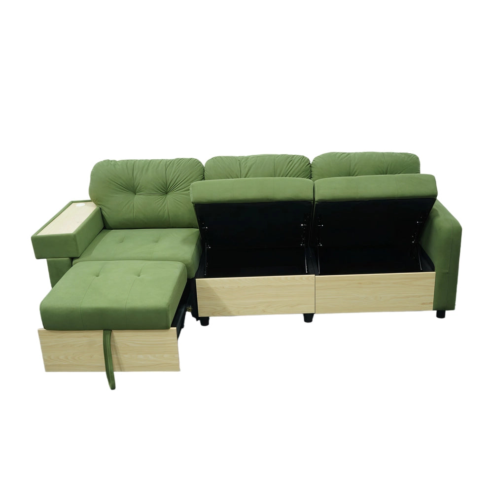 Divano Angolare 3 Posti con Penisola Estraibile ¨C MINIMAL ¨C Velluto Verde, Contenitore, Braccioli in Legno