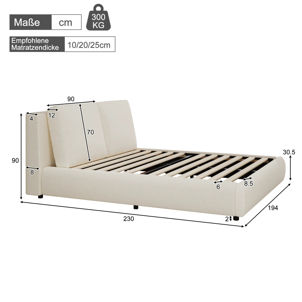 Letto matrimoniale 180 × 200 cm con rete a doghe e testiera imbottita, senza materasso, bouclé beige