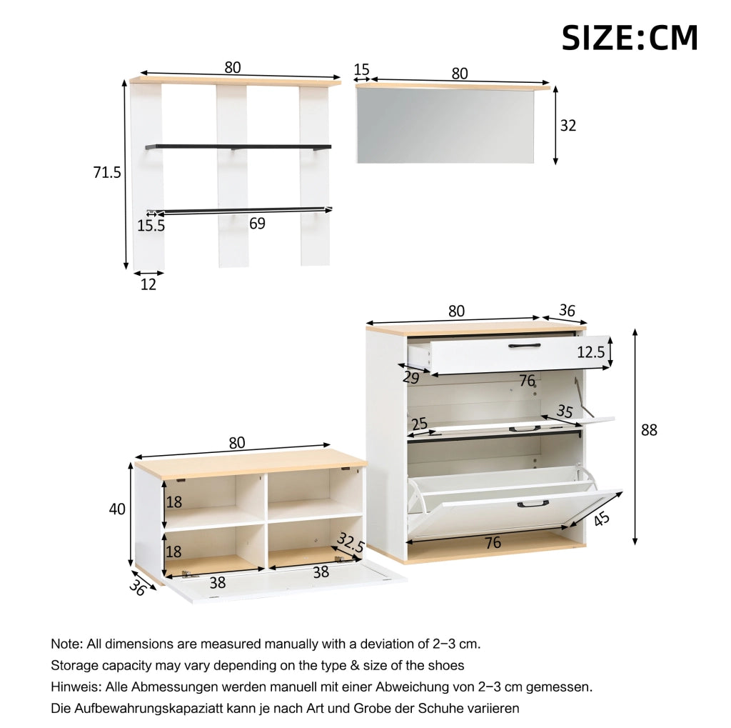 Set guardaroba modulare bianco e legno naturale con scarpiera, specchio e panca