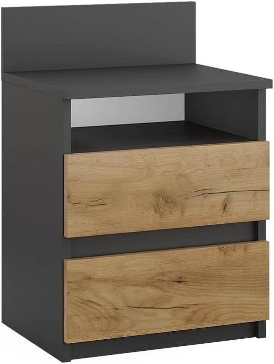 Comodino camera da letto Monty, Antracite/quercia dorata, Set di 2, per riporre oggetti di uso quotidiano in camera da letto