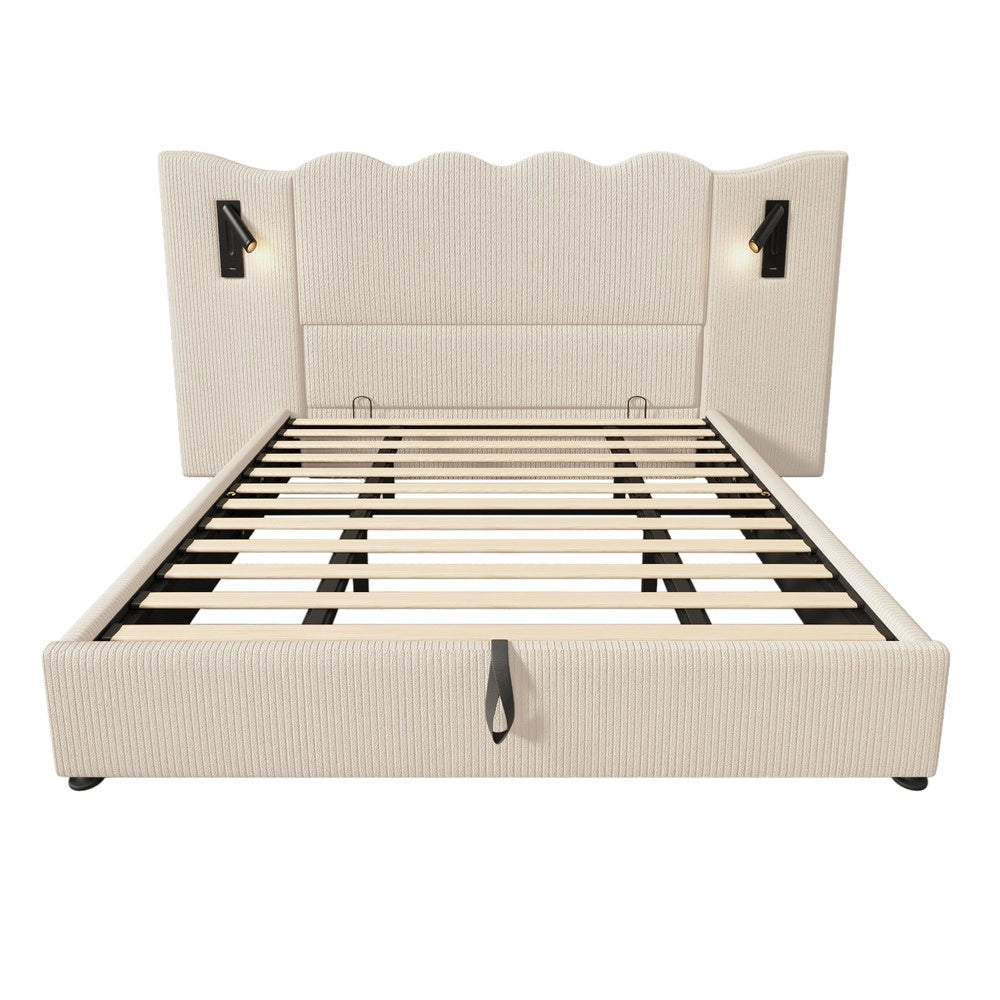 Letto Imbottito Contenitore Matrimoniale con Doghe ¨C MINIMAL ¨C Beige, Cordone, 180x200