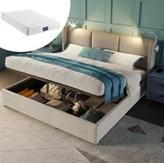 Letto matrimoniale 140x200 cm imbottito beige con contenitore; luce da lettura e USB