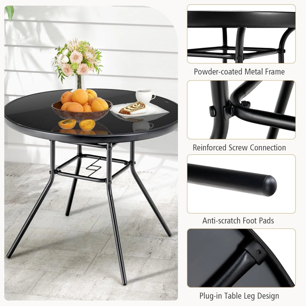Tavolo da giardino con foro per ombrellone, tavolino rotondo in vetro temperato, tavolo da bistrot con robusto telaio in metallo, tavolo da pranzo per giardino, balcone, 86 x 86 x 71 cm