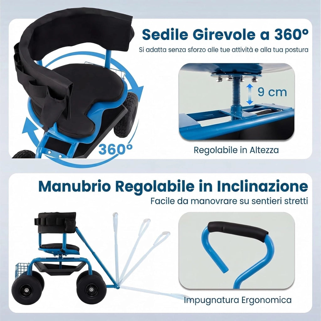 Carrello da Giardino, Sgabello con Ruote Girevole a 360°, Cuscino Imbottito, Schienale, Cestino, Tasca e Vassoio Porta Attrezzi, Carriola da Giardino e Cortile, 96 x 46 x 78-87 cm (Blu)