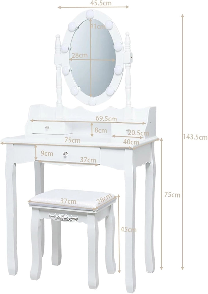Toeletta da Trucco, Set Tavolo e Sgabello da Trucco, Specchio con 10 Luci LED, Toeletta Multifunzionale con 3 Cassetti, Specchio Rotante a 360⁰, Postazione Make-up Moderno (Bianco)