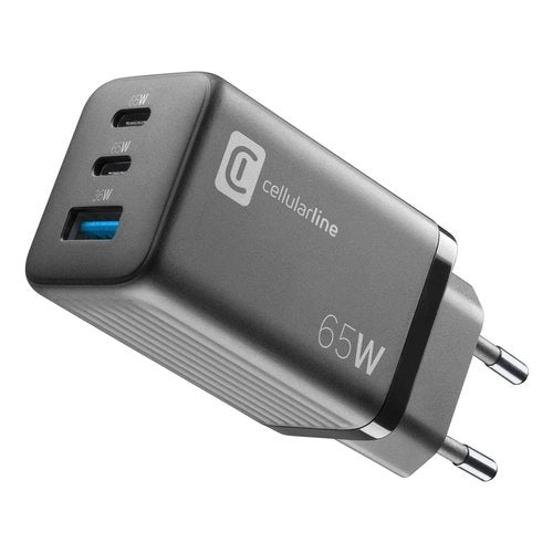 Cellularline multipower micro 65w caricabatterie da rete veloce ultracompatto 3 porte, 65w - ACHUSBGAN3PD65WK