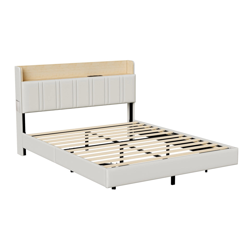 Letto matrimoniale 160x200 cm in pelle PU bianca, testiera con vano portaoggetti, stazione di ricarica, luci RGB a LED, struttura robusta portata 350kg