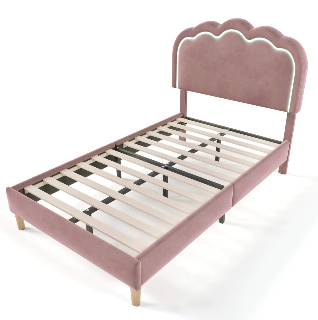 Letto singolo imbottito rosa 90x190 cm con testiera LED regolabile e struttura in velluto
